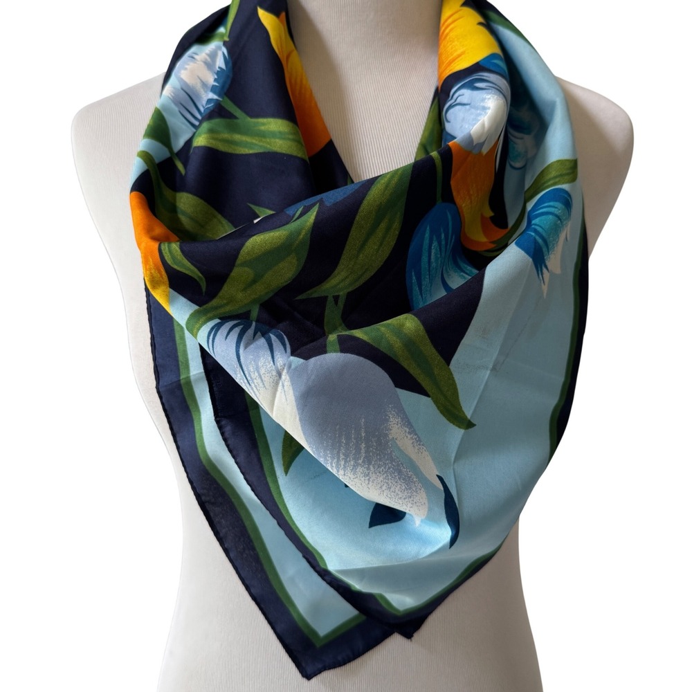 Vintage Orange Yellow Tulip Scarf Blue Border Bright Floral Square Retro Scarf